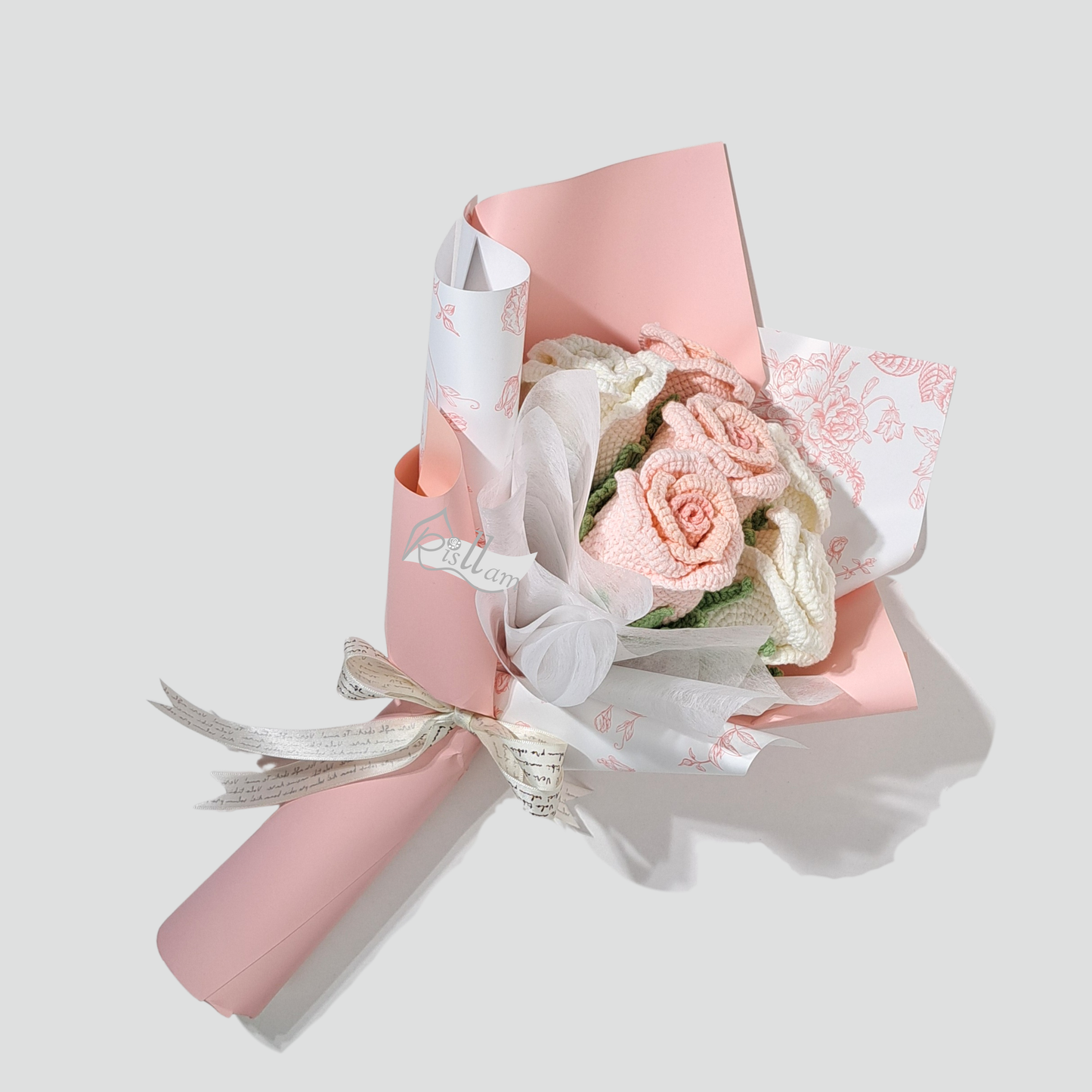 Crochet Stemware Rose 04 Bouquet - Pink & White