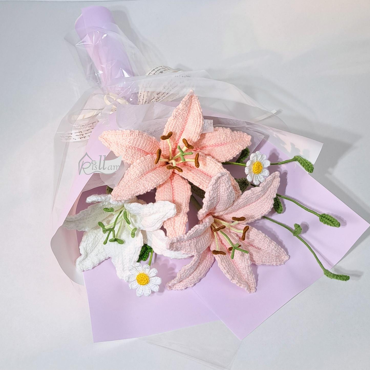 Timeless Elegance Pink & White Lily Crochet Bouquet