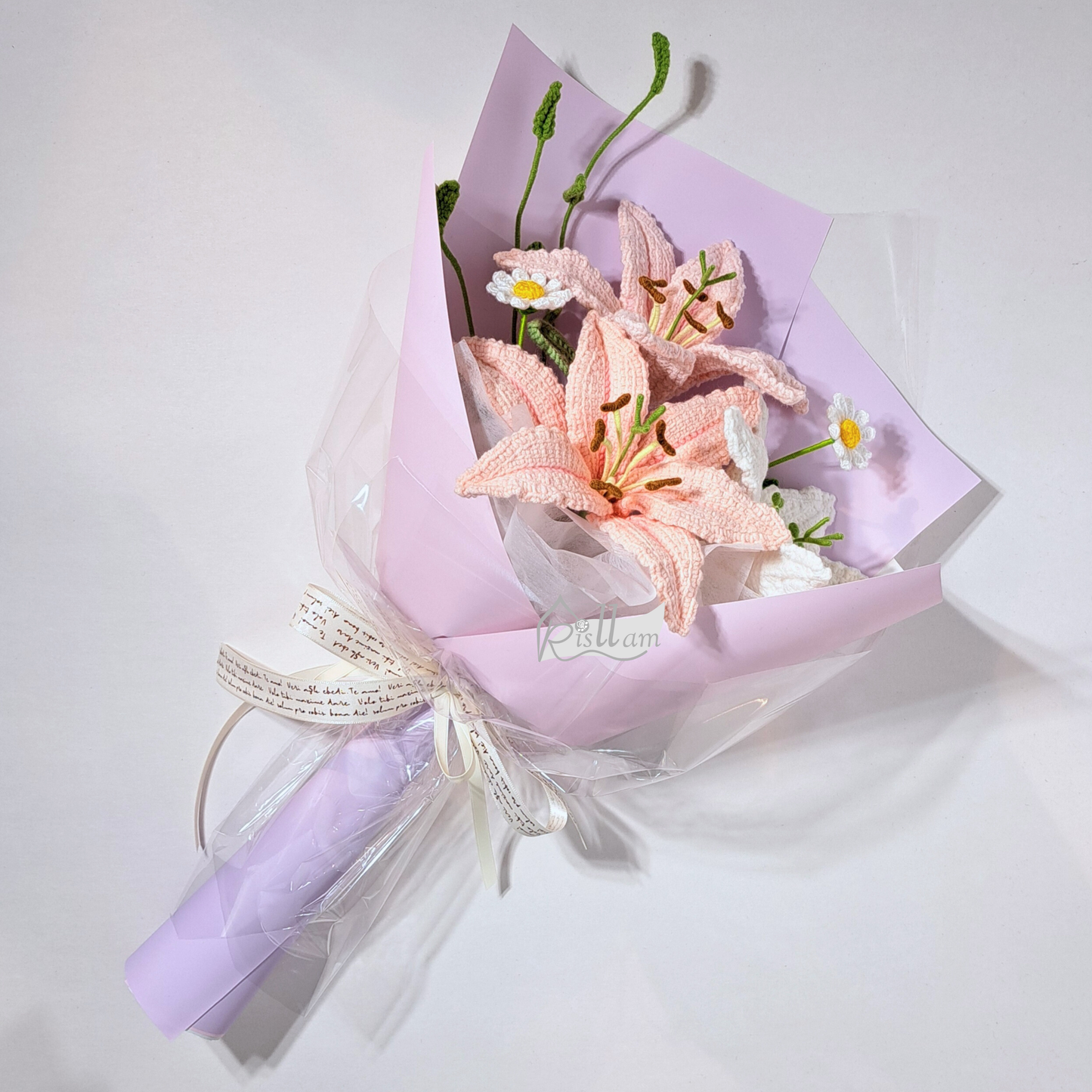 Timeless Elegance Pink & White Lily Crochet Bouquet