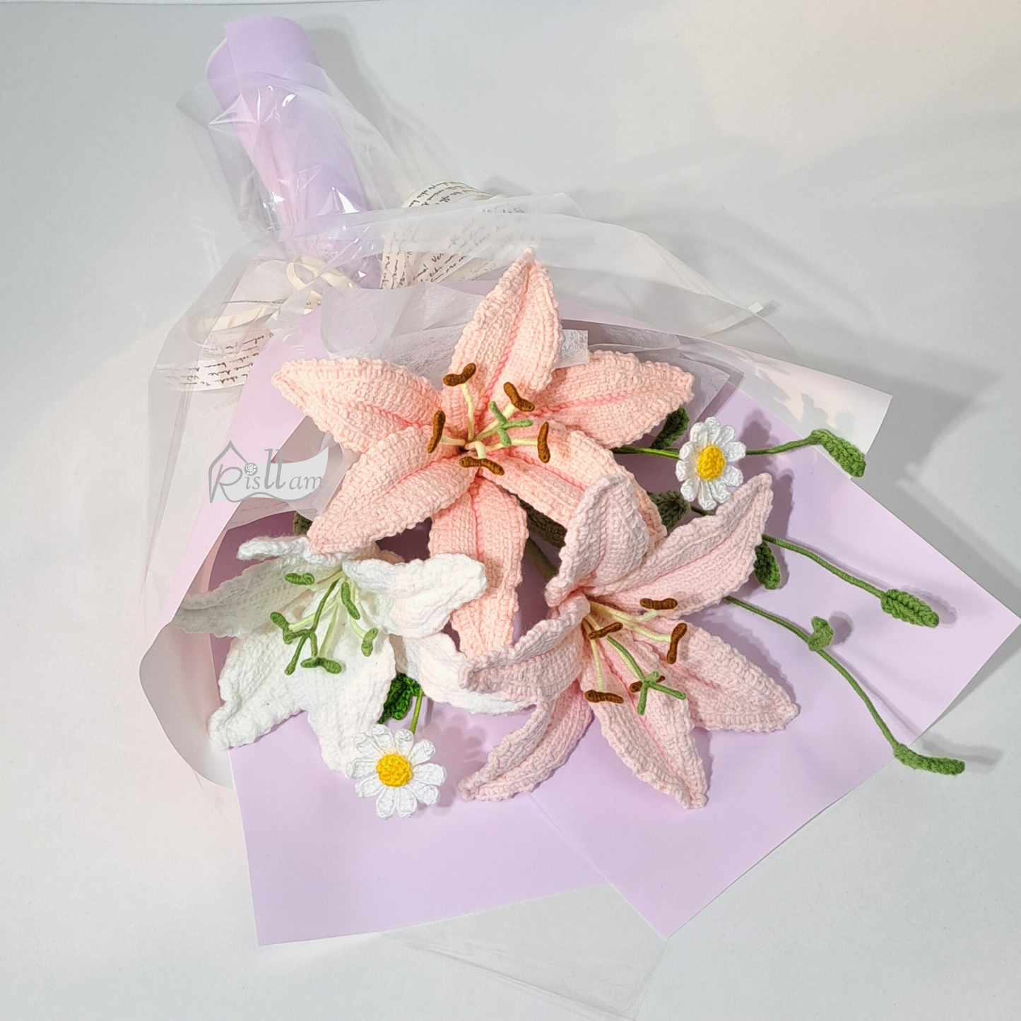 Timeless Elegance Pink & White Lily Crochet Bouquet