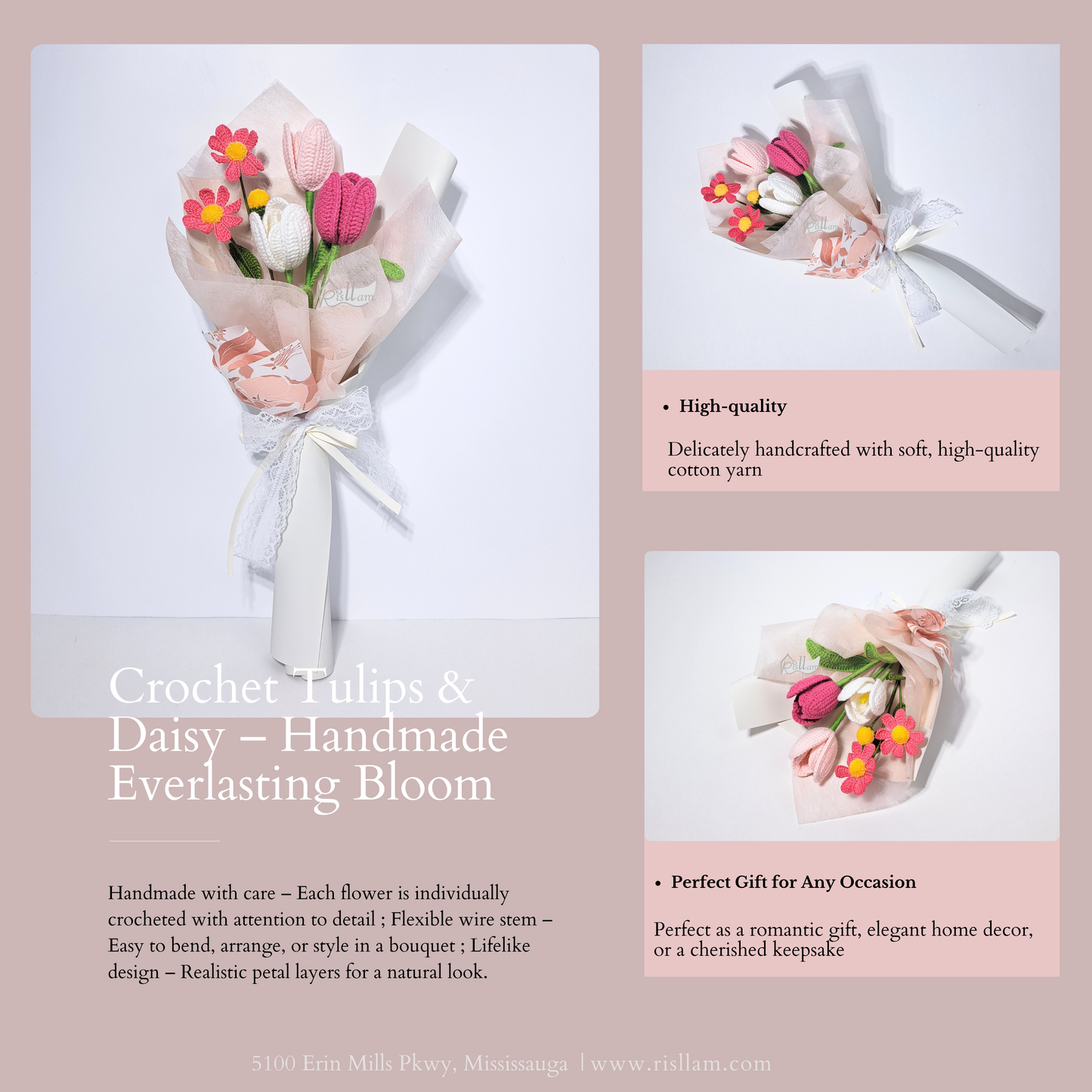 Spring Charm Crochet Tulip & Daisy Bouquet