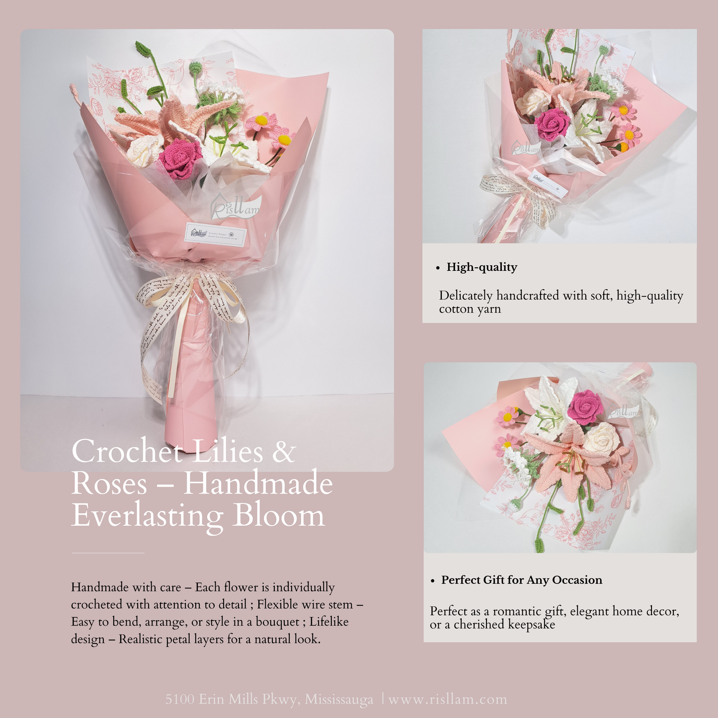 Crochet Lily, Rose & Daisy Bouquet – Pink Paper Wrapped Gift