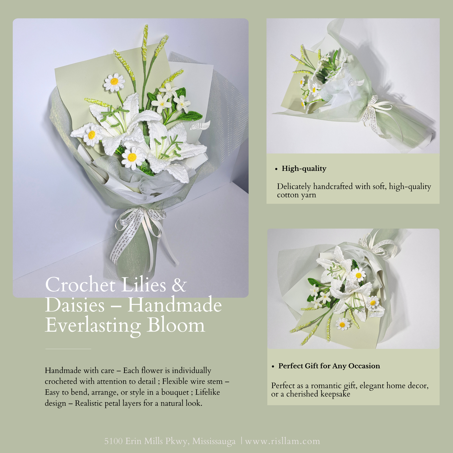 White & Green Crochet Lily and Daisy Bouquet
