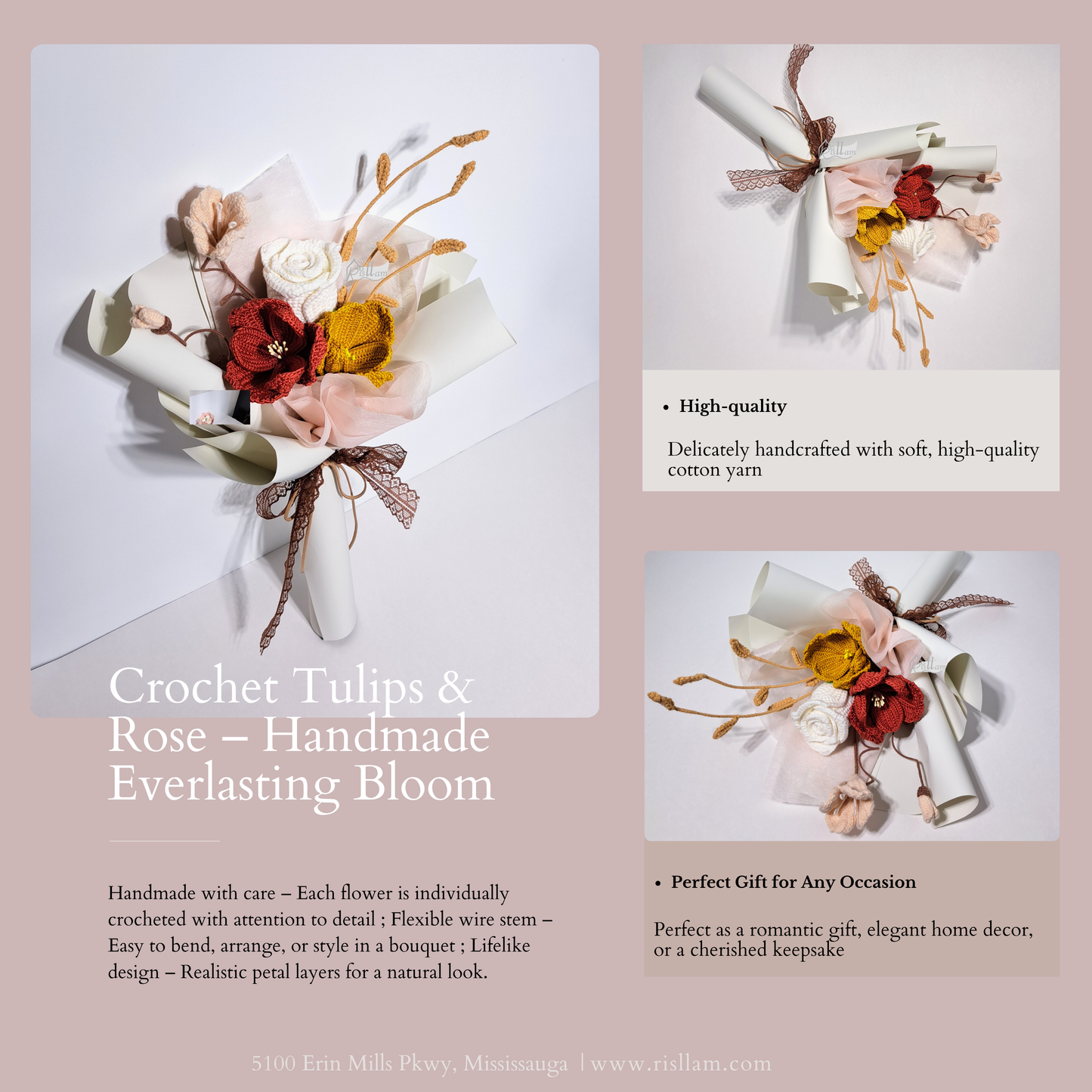 Red & Gold Tulip Crochet Bouquet with White Rose – Cozy Fall-Inspired Gift
