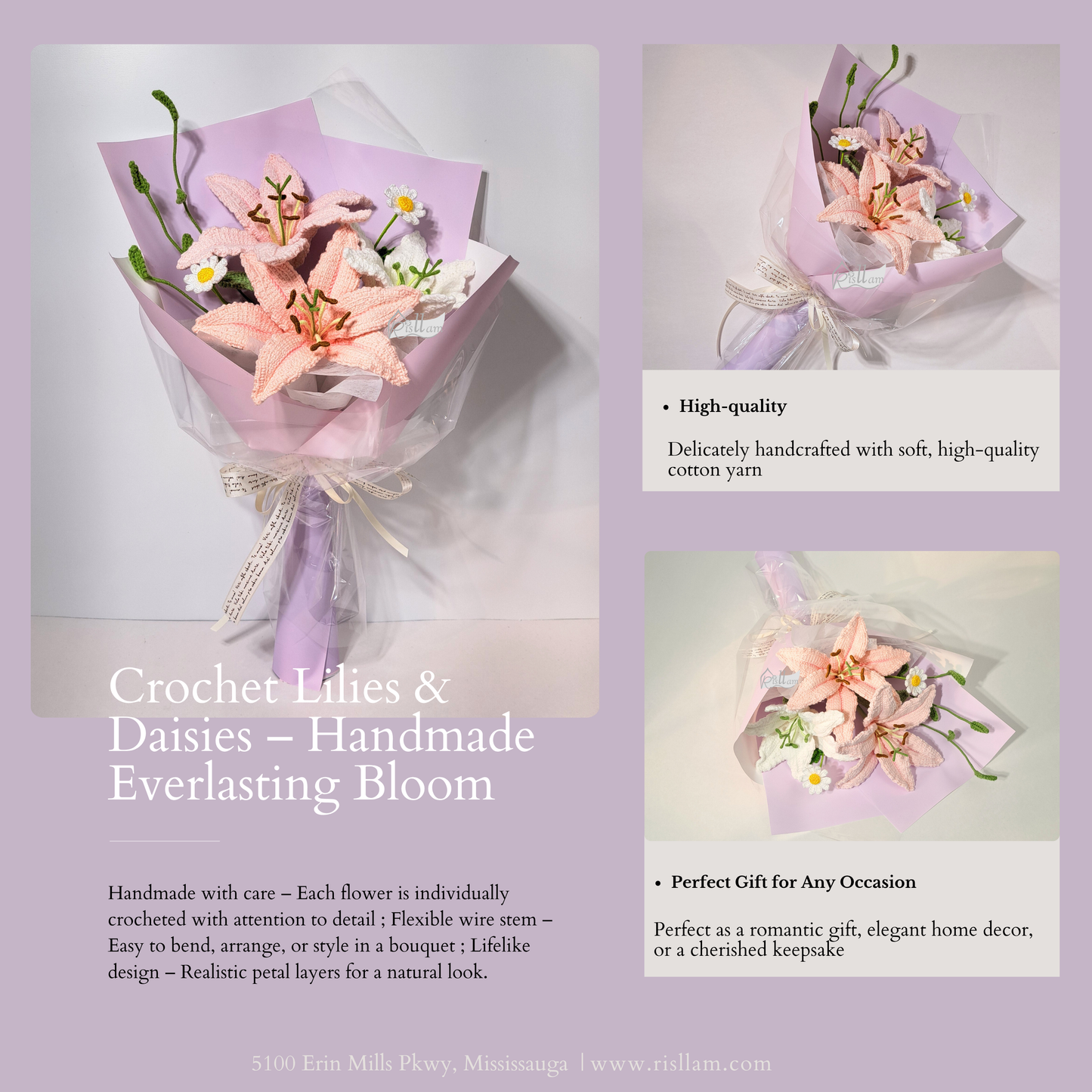 Timeless Elegance Pink & White Lily Crochet Bouquet