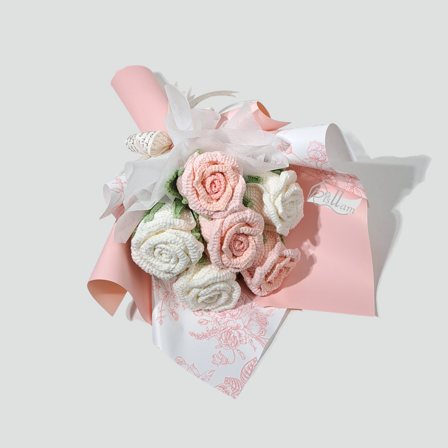 Crochet Stemware Rose 04 Bouquet - Pink & White