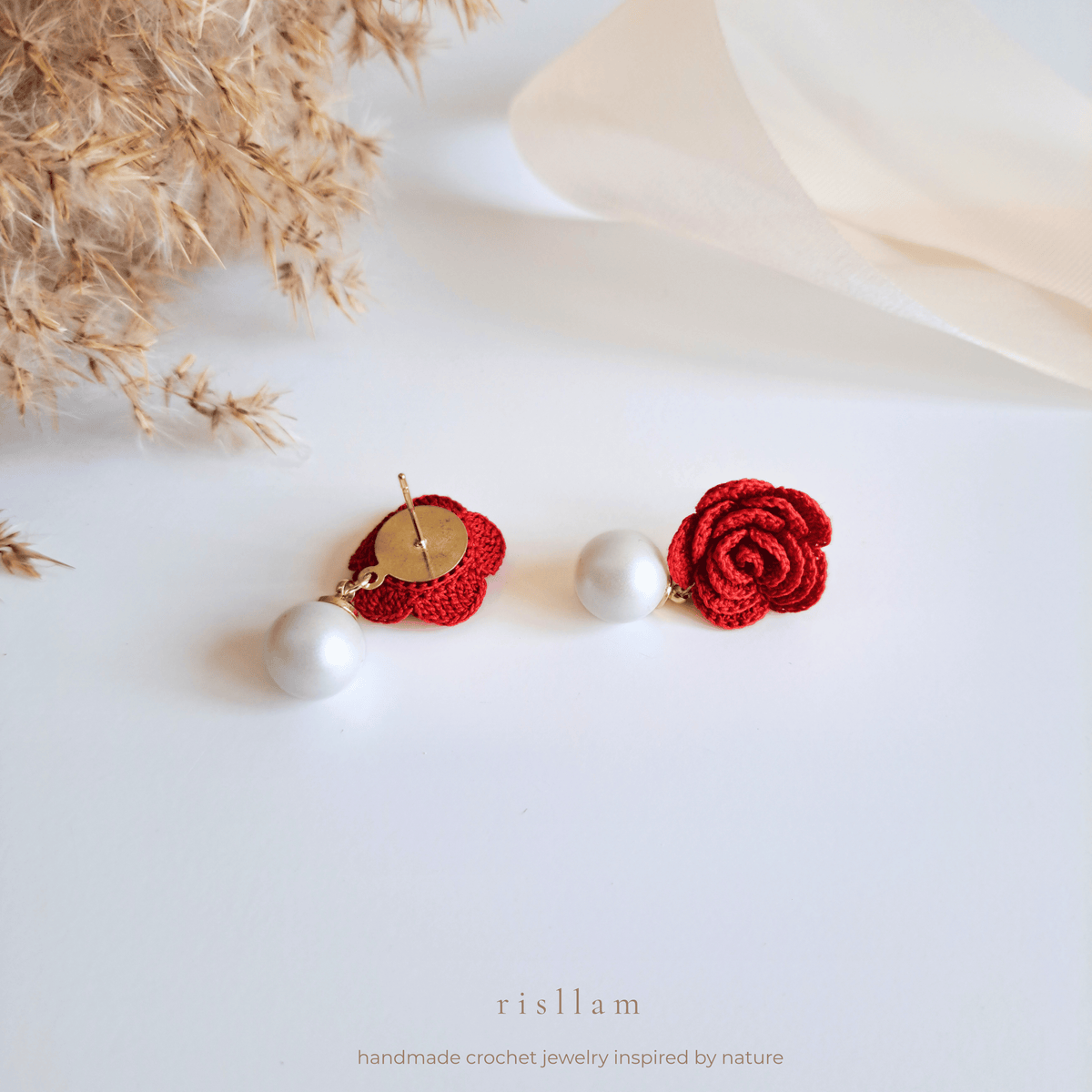 Red Crochet Rose Pearl Earrings, Handmade Floral Studs