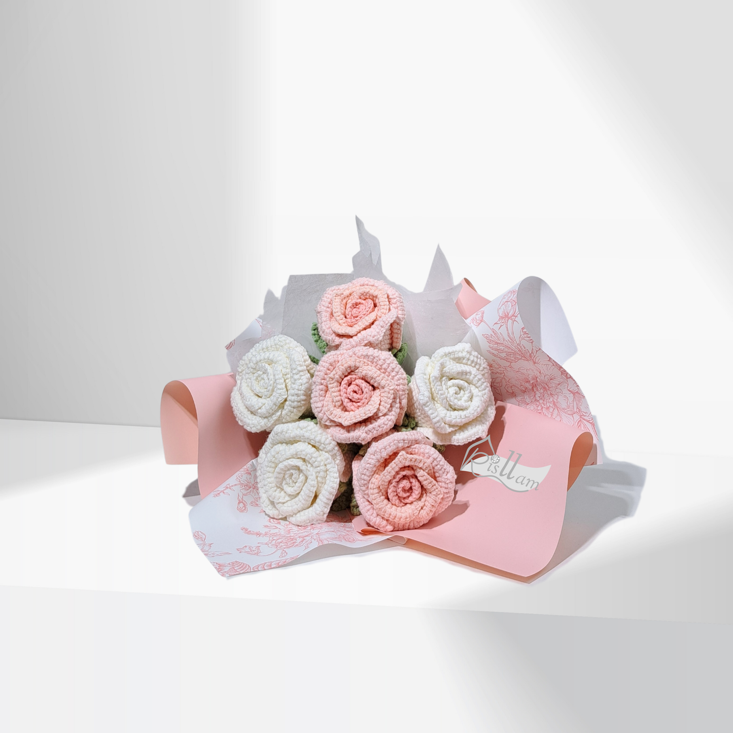 Crochet Stemware Rose 04 Bouquet - Pink & White