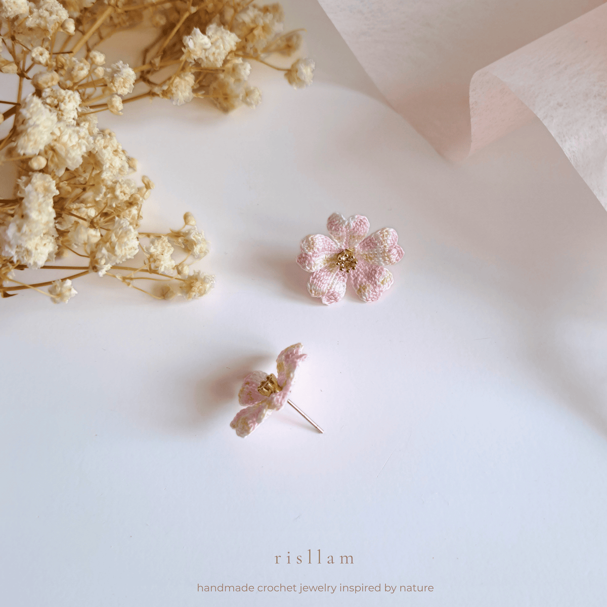 Handmade Crochet Cherry Blossom Stud Earrings