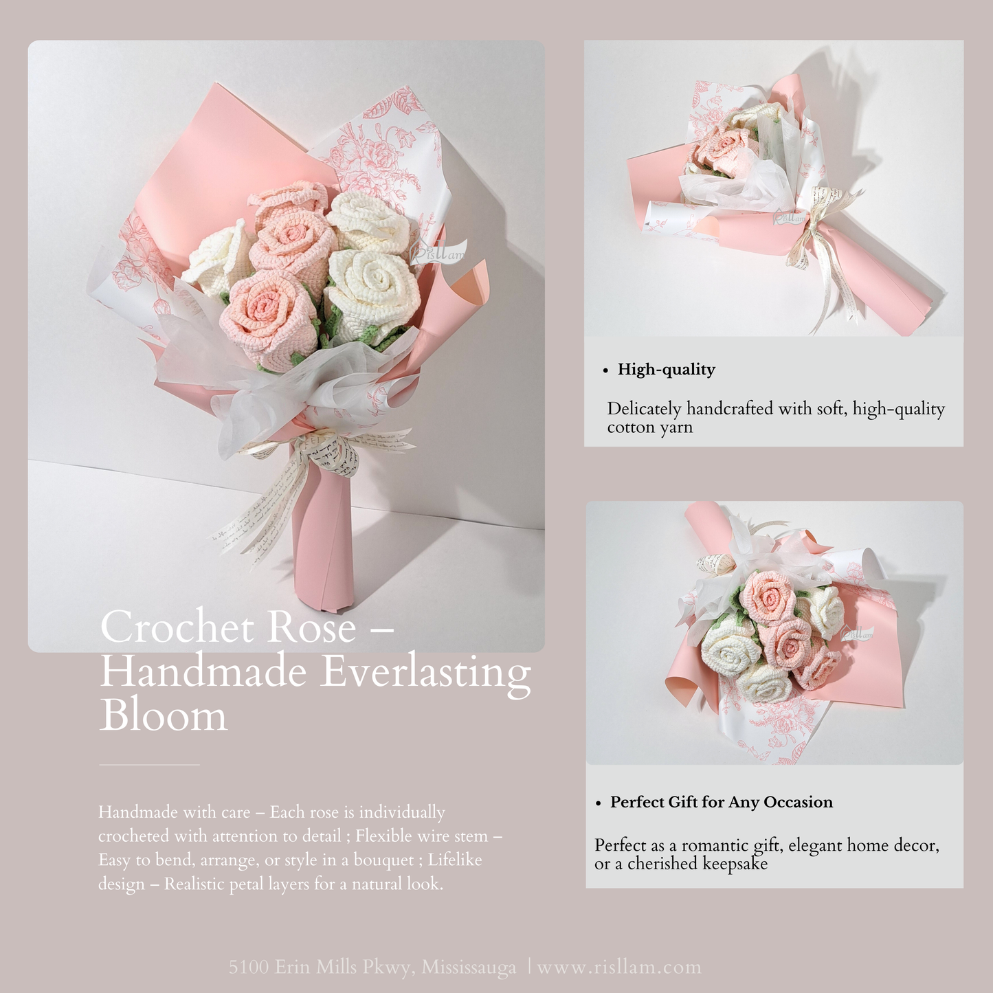 Crochet Stemware Rose 04 Bouquet - Pink & White