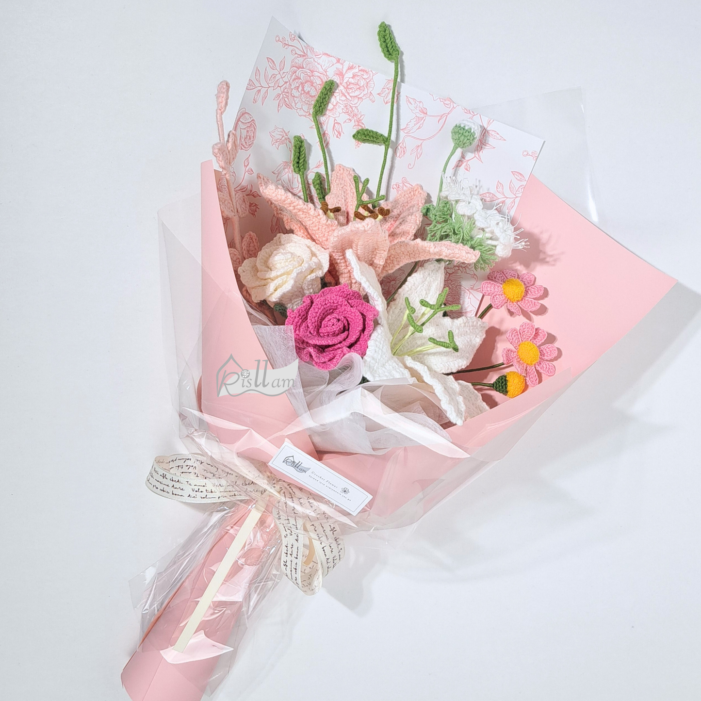 Crochet Lily, Rose & Daisy Bouquet – Pink Paper Wrapped Gift