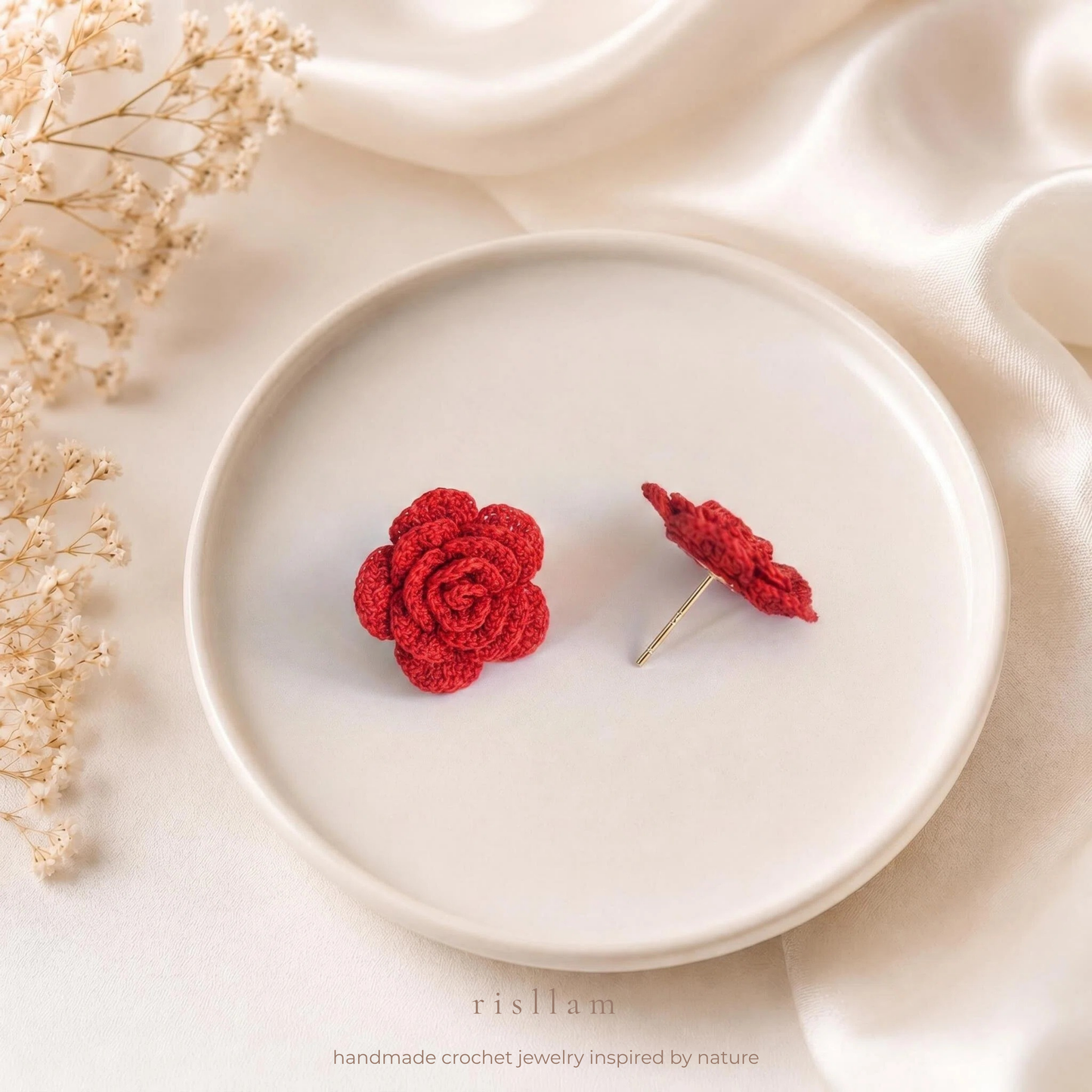 Handmade Crochet Rose Stud Earings