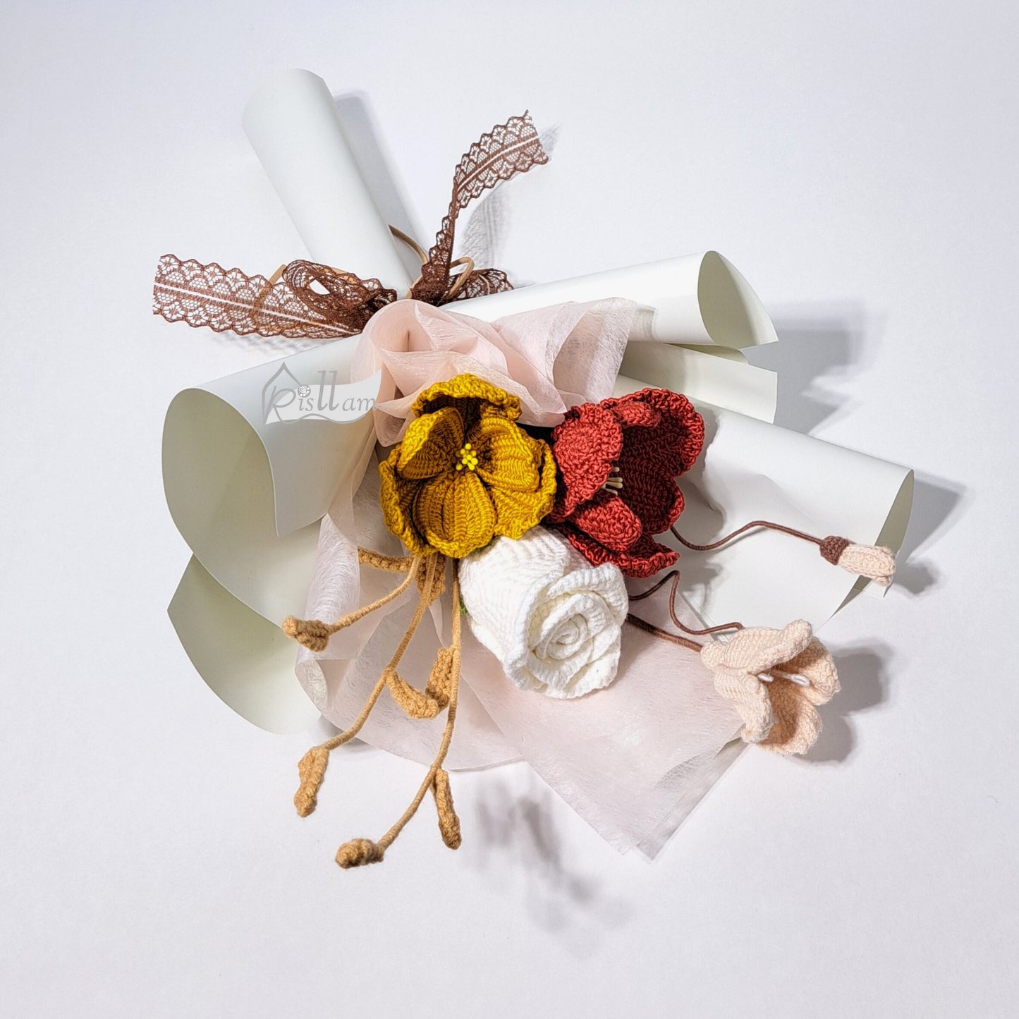 Red & Gold Tulip Crochet Bouquet with White Rose – Cozy Fall-Inspired Gift