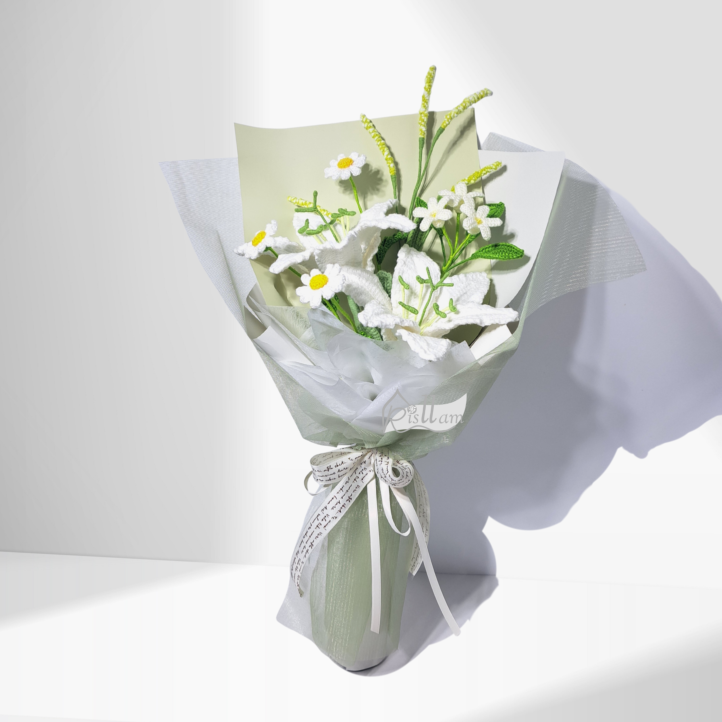 White & Green Crochet Lily and Daisy Bouquet