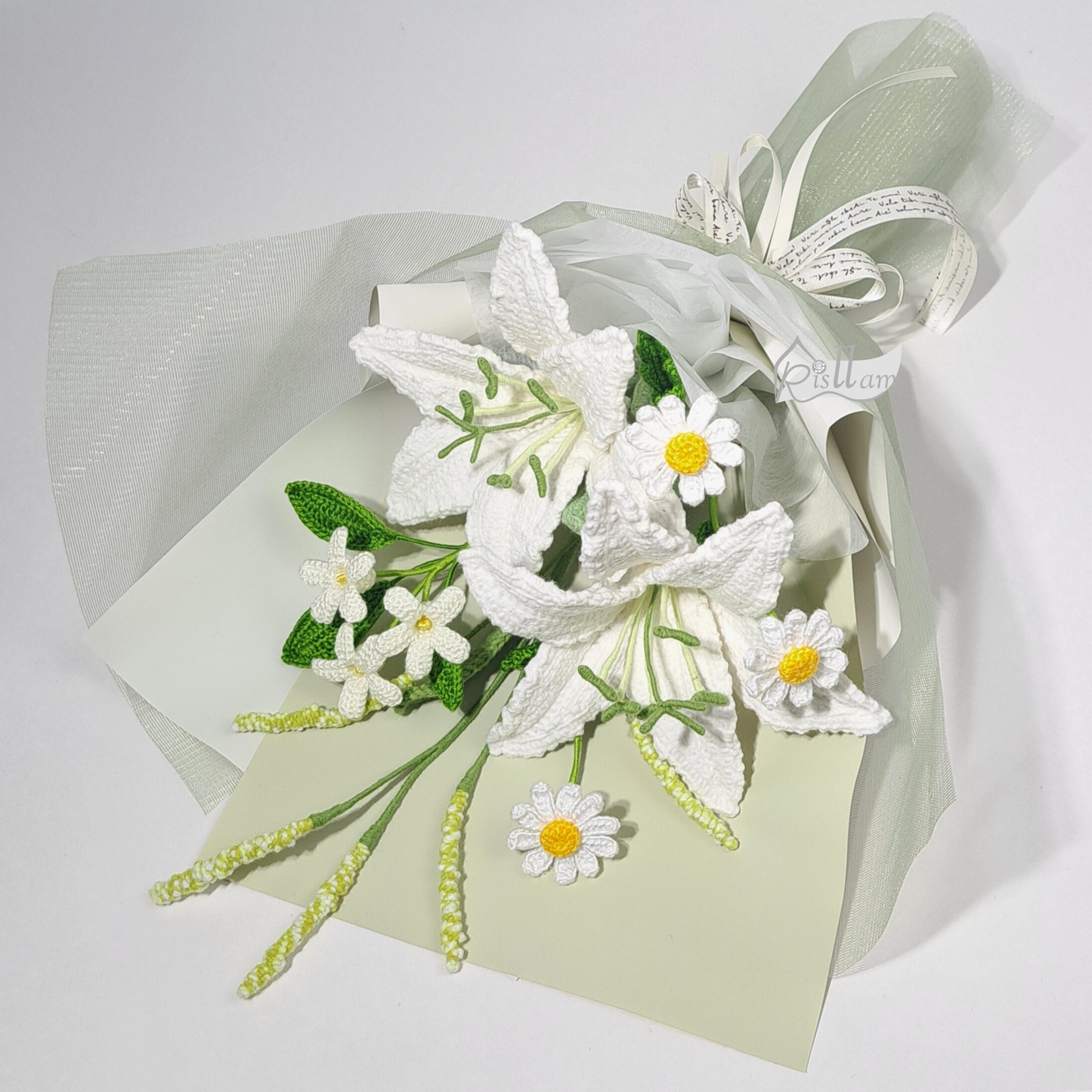 White & Green Crochet Lily and Daisy Bouquet