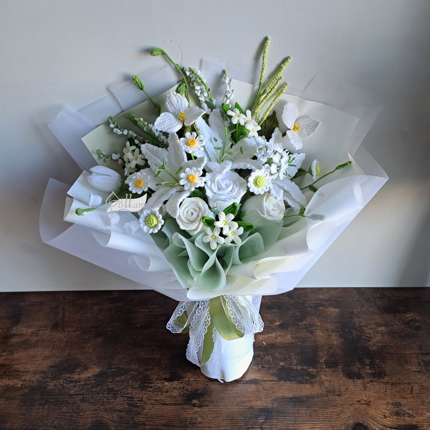 Handmade White Rose & Lily Bridal Shower Bouquet with Greenery