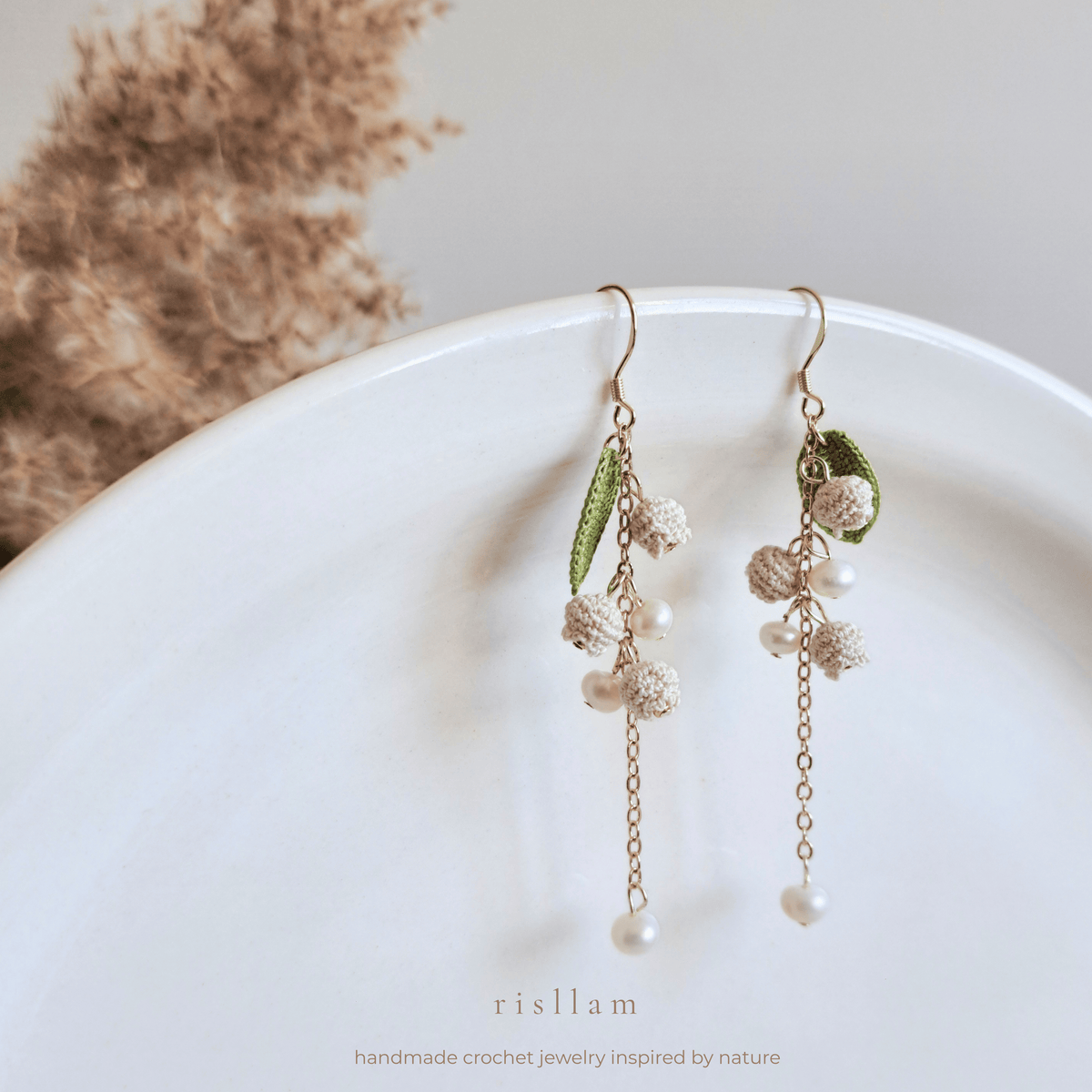 Lily of the Valley Crochet Dangle Earrings, Pearl Accents, Sterling Silver Hooks
