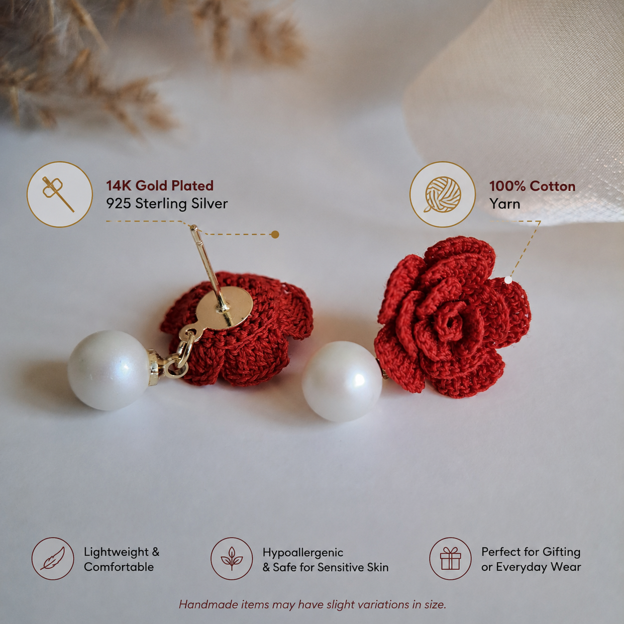 Handmade Crochet Rose & Pearl Earrings
