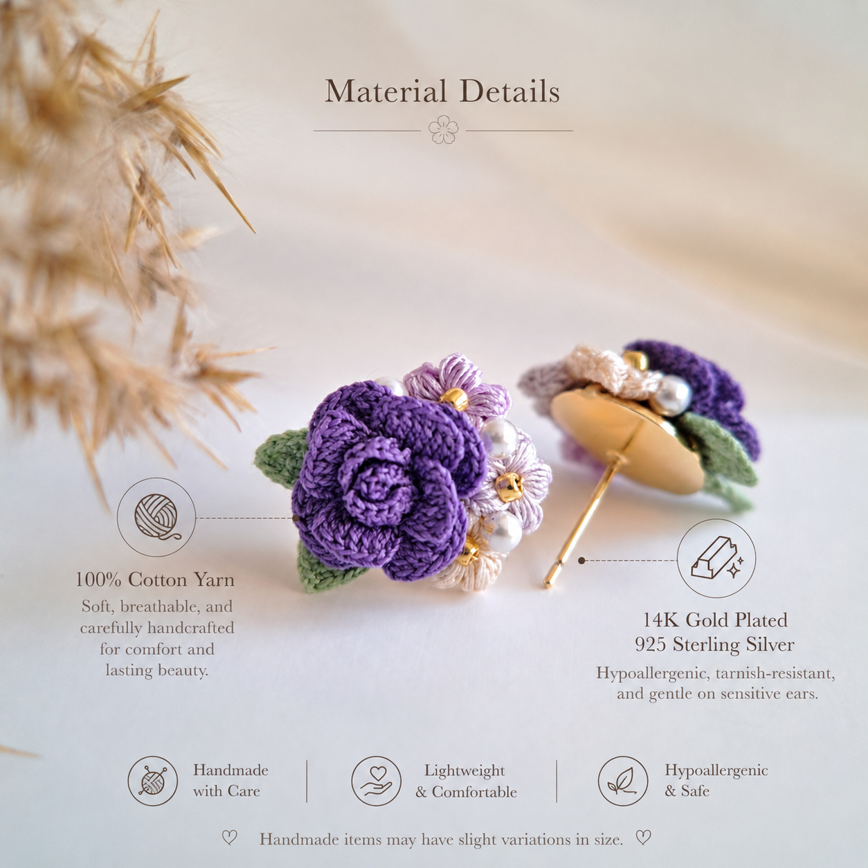 Handmade Crochet Rose & Puff Stud Earings