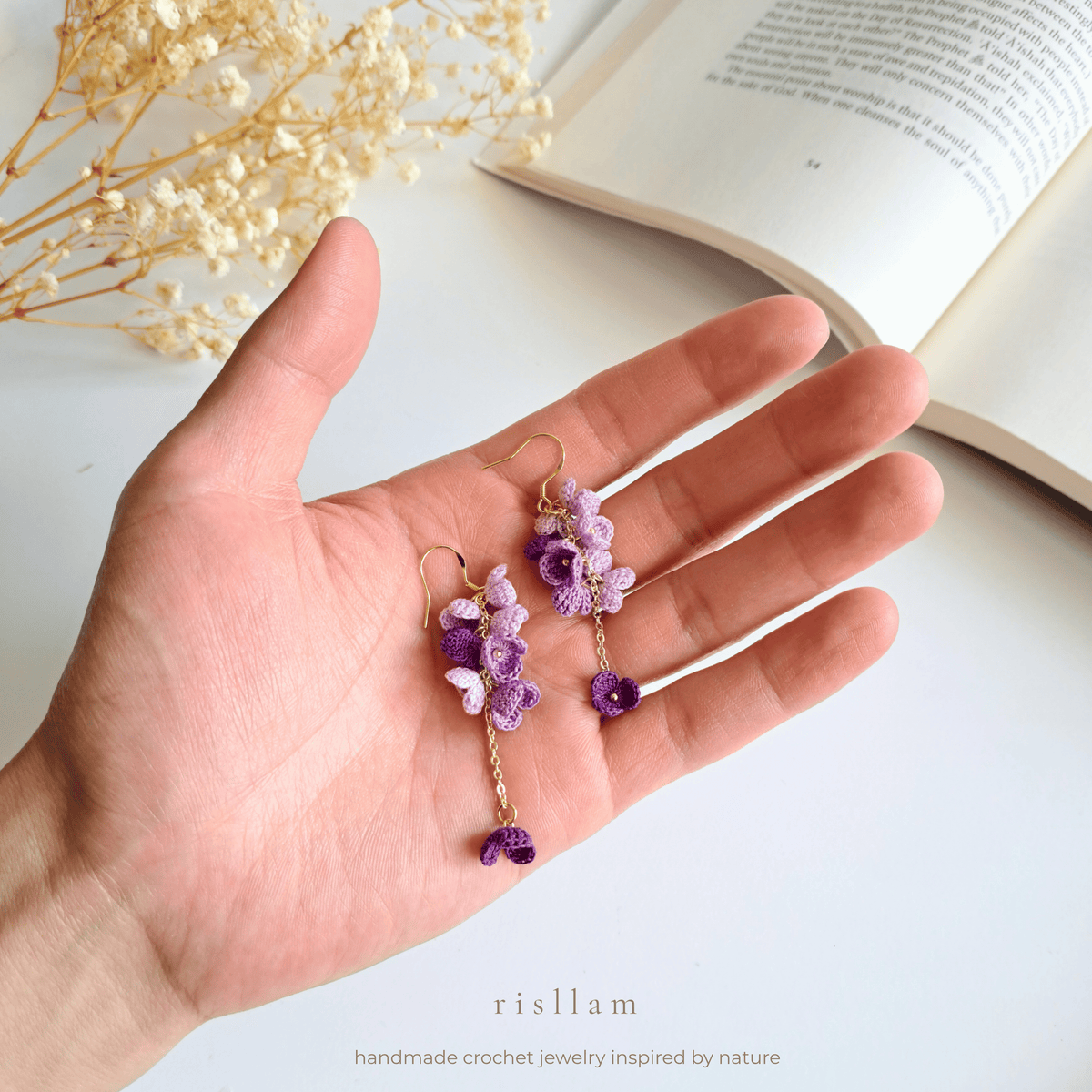 Purple Crochet Flower Dangle Earrings, Micro Crochet Blossom Earrings