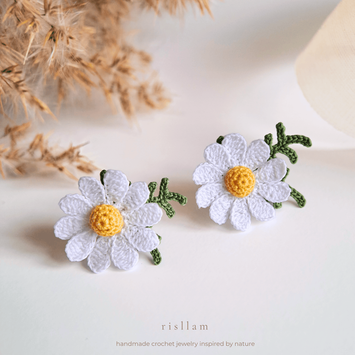Daisy Stud Earrings, Micro Crochet Flower, Handmade Floral Jewelry