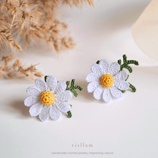 Daisy Stud Earrings, Micro Crochet Flower, Handmade Floral Jewelry
