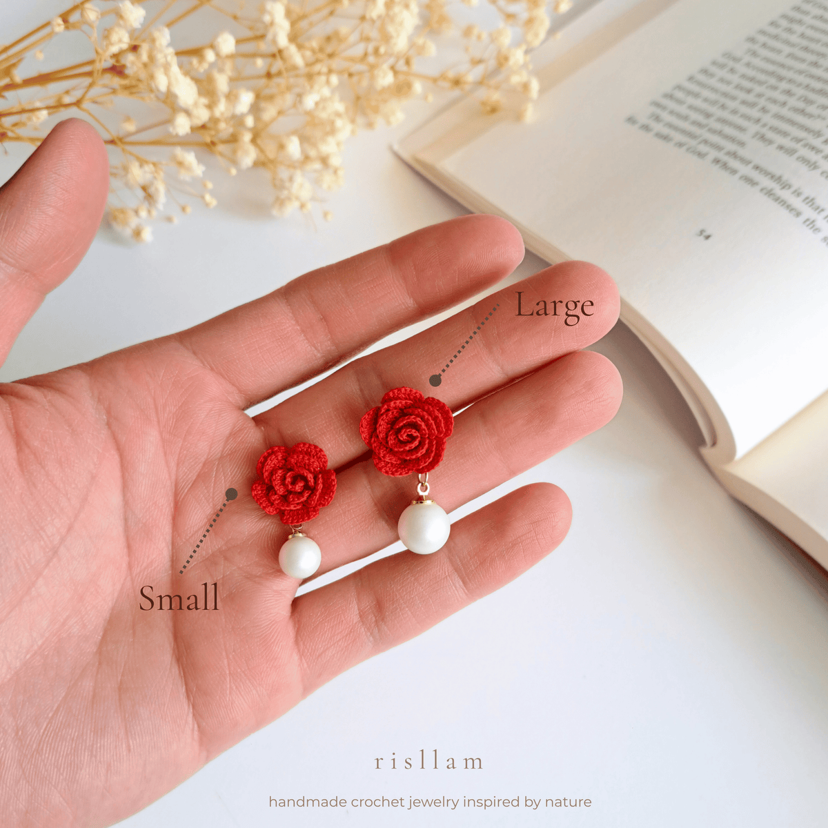Red Crochet Rose Pearl Earrings, Handmade Floral Studs