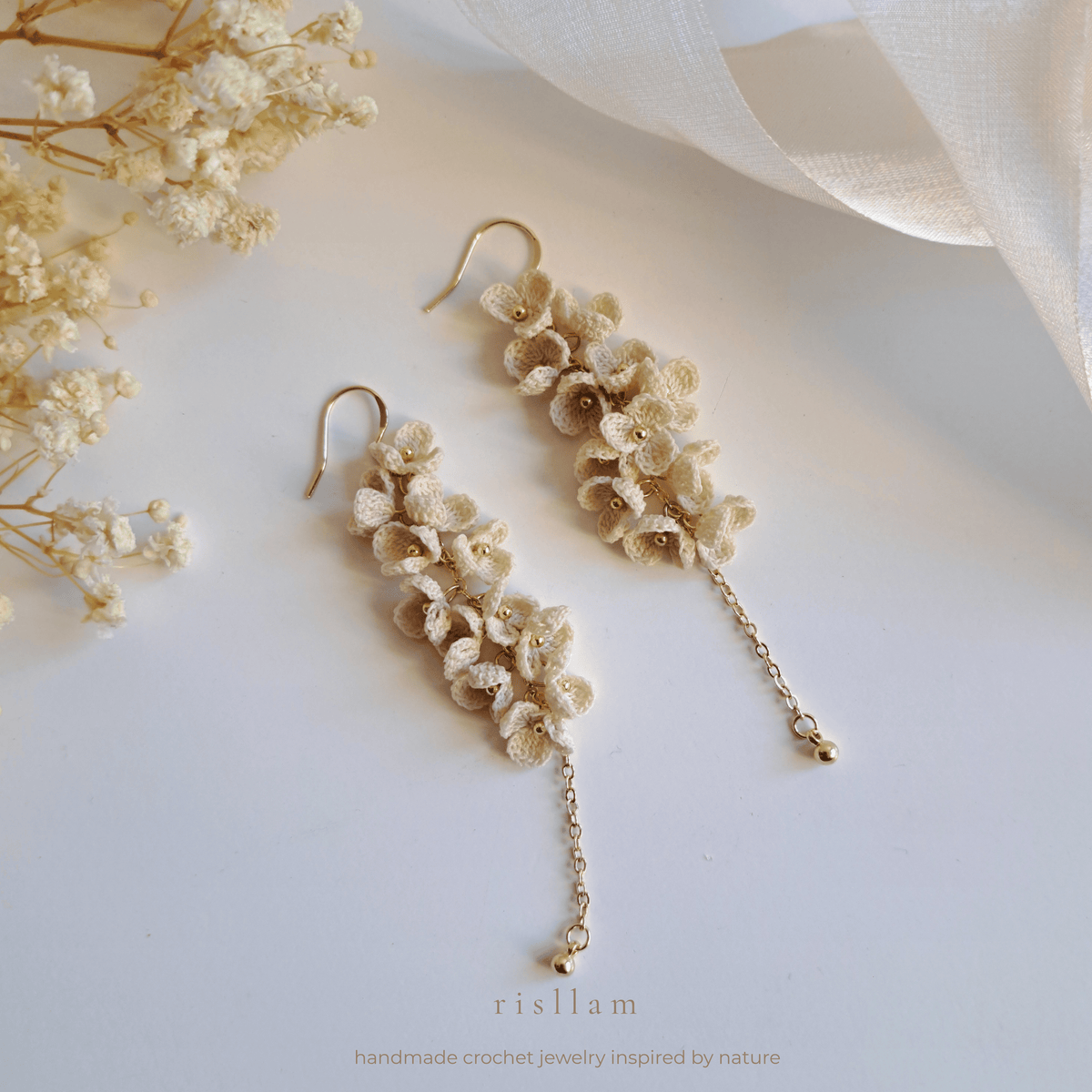 Micro Crochet Ivory Cascade Dangle Earrings, Ivory floral statement earrings, Bridesmaid Earrings Gift ,Bridal Shower Gift