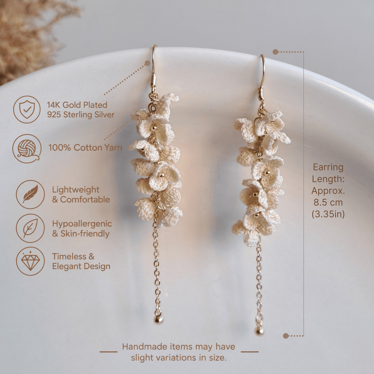 Micro Crochet Ivory Cascade Dangle Earrings, Ivory floral statement earrings, Bridesmaid Earrings Gift ,Bridal Shower Gift
