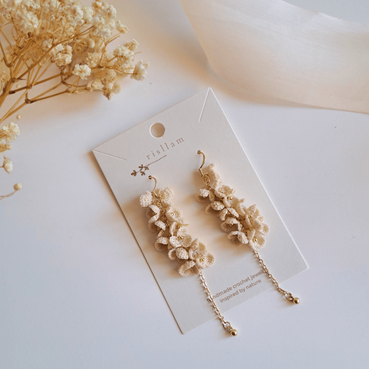 Micro Crochet Ivory Cascade Dangle Earrings, Ivory floral statement earrings, Bridesmaid Earrings Gift ,Bridal Shower Gift