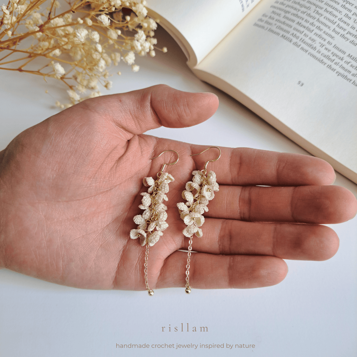 Micro Crochet Ivory Cascade Dangle Earrings, Ivory floral statement earrings, Bridesmaid Earrings Gift ,Bridal Shower Gift