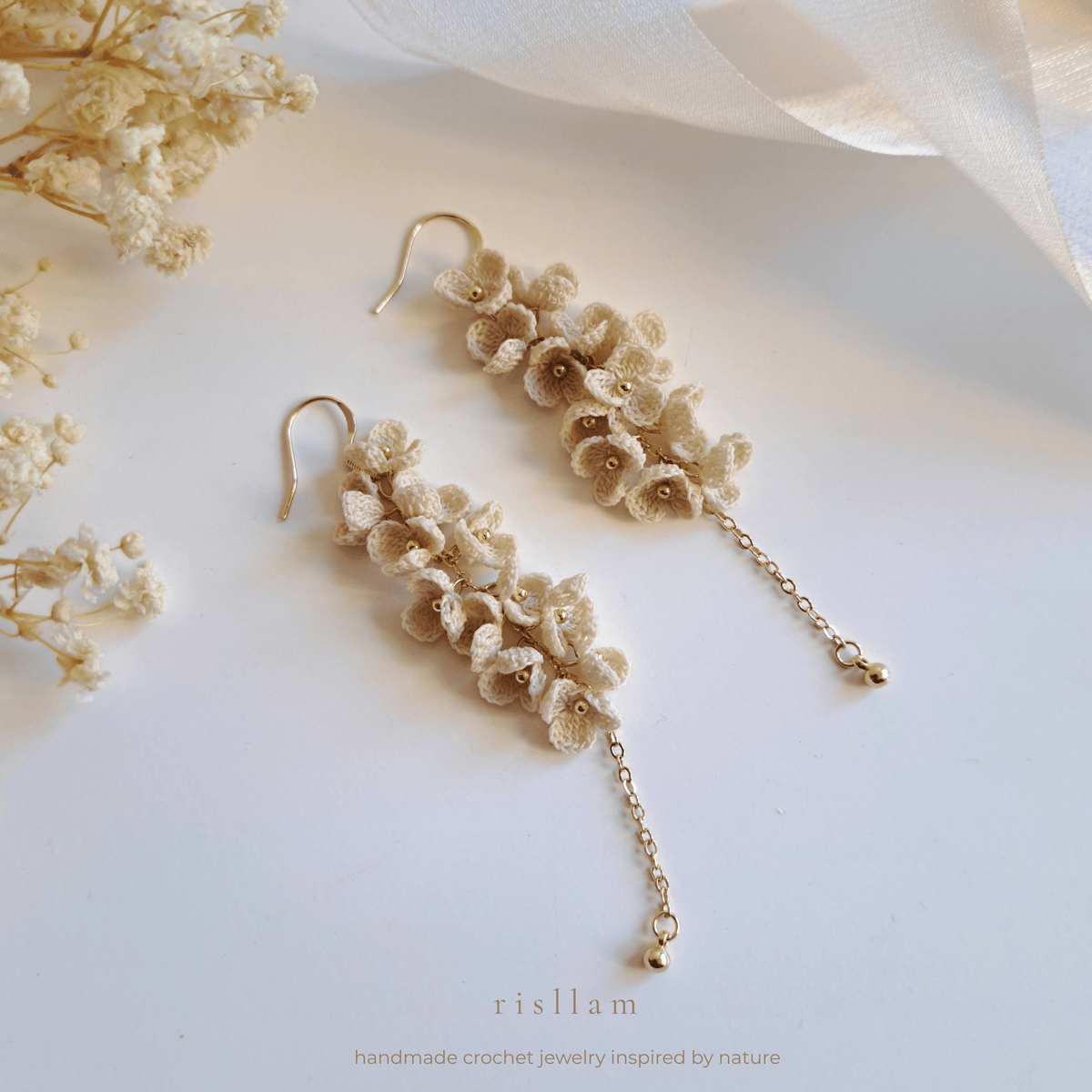 Micro Crochet Ivory Cascade Dangle Earrings, Ivory floral statement earrings, Bridesmaid Earrings Gift ,Bridal Shower Gift