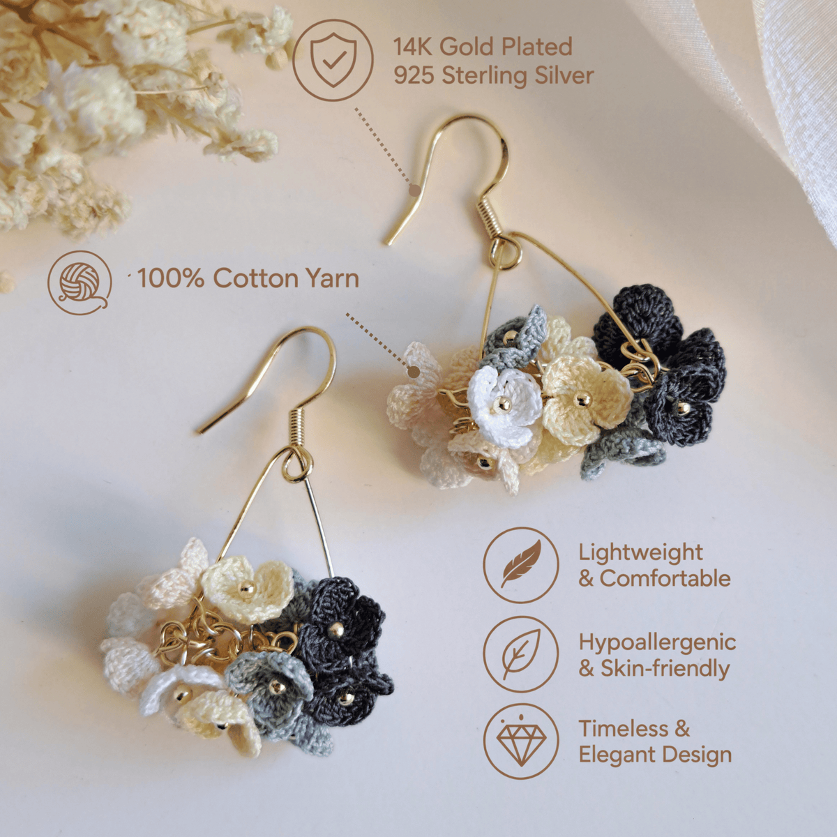 Micro Crochet mini Flower Hoop Earrings – Multicolor Handmade Flower Cluster Earrings