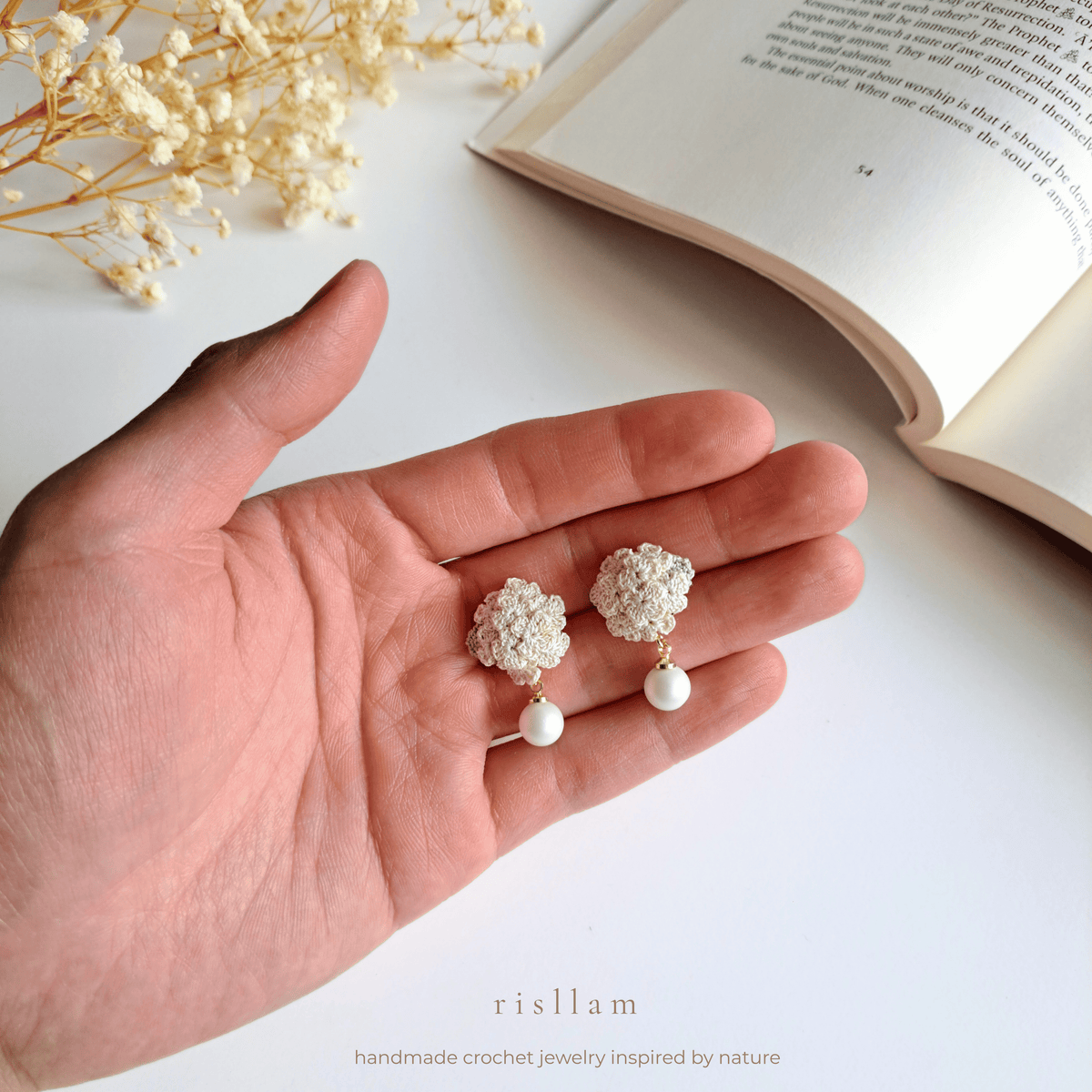 Micro Crochet Hydrangea Drop Earrings with Pearl, Handmade Floral Earrings