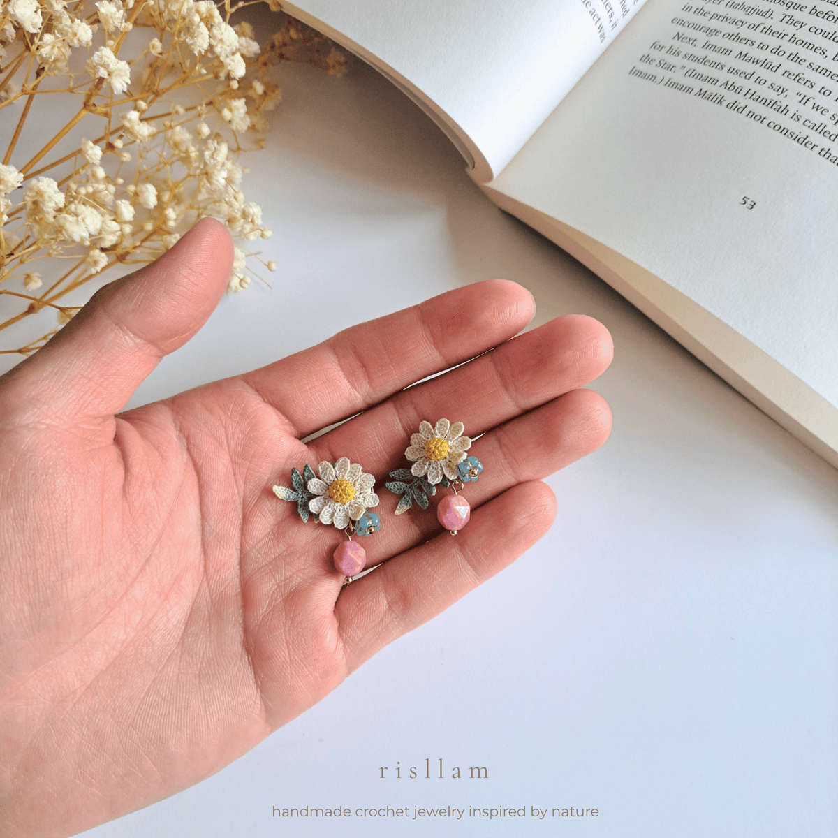 Crochet Daisy Drop Earrings, Handmade Floral Botanical Jewelry