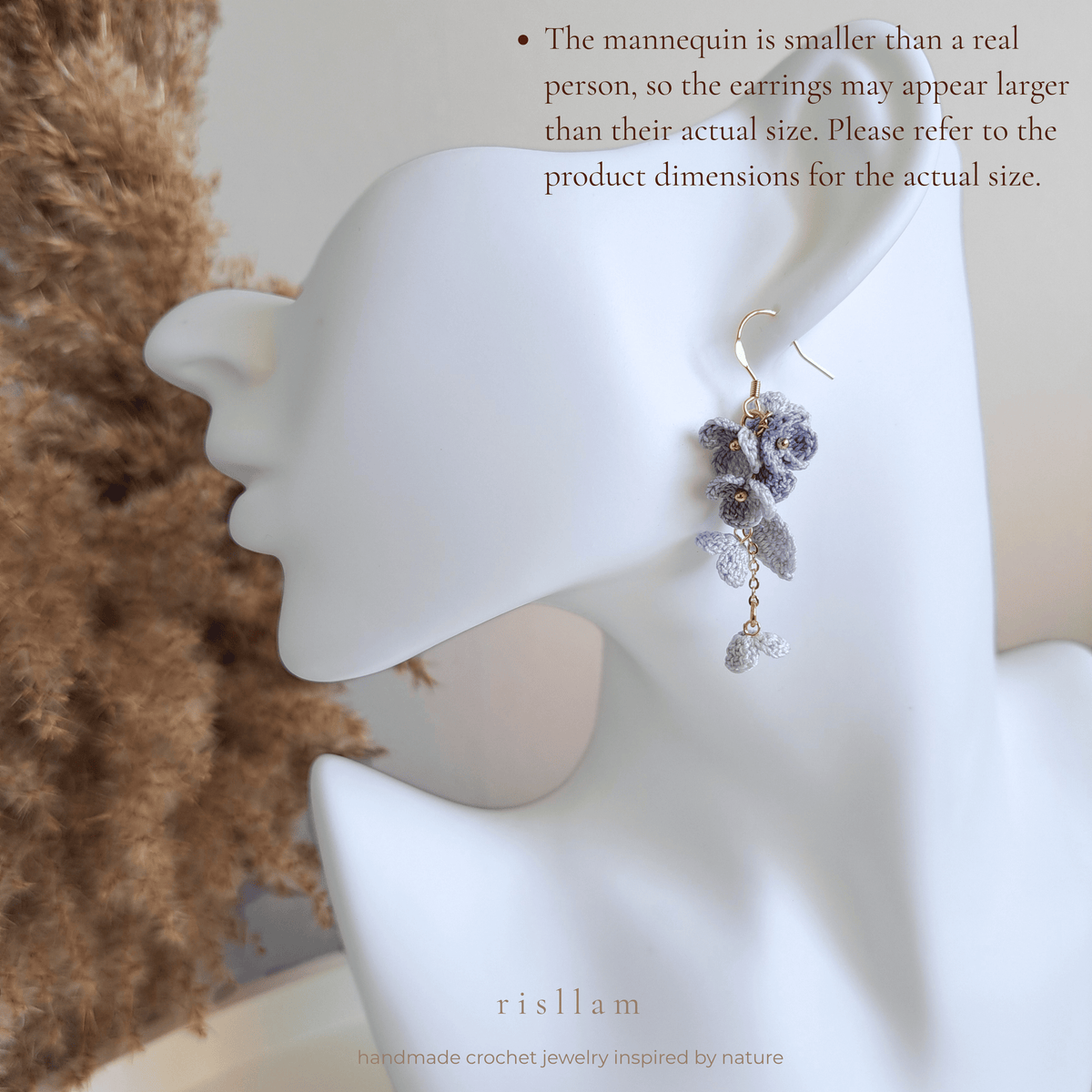 Micro Crochet Blue Flower Dangle Earrings, Handmade Floral Earrings