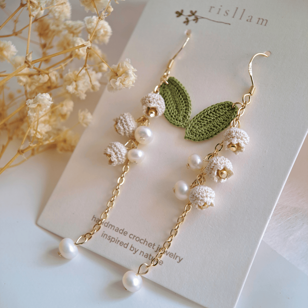 Lily of the Valley Crochet Dangle Earrings, Pearl Accents, Sterling Silver Hooks