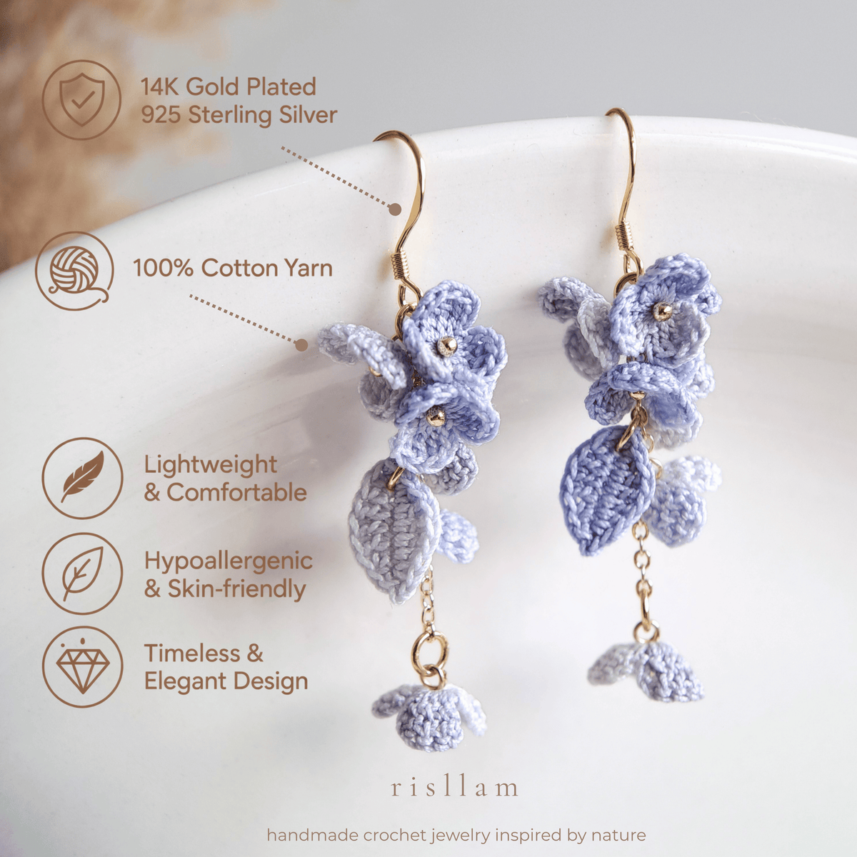 Micro Crochet Blue Flower Dangle Earrings, Handmade Floral Earrings