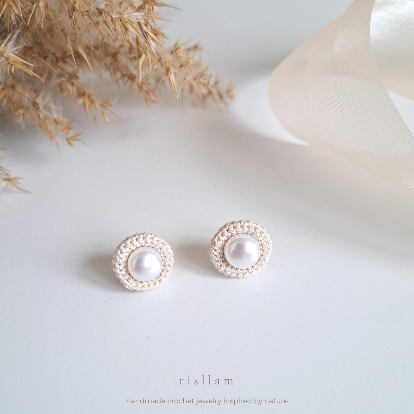 Handmade Crochet Pearl Stud Earrings