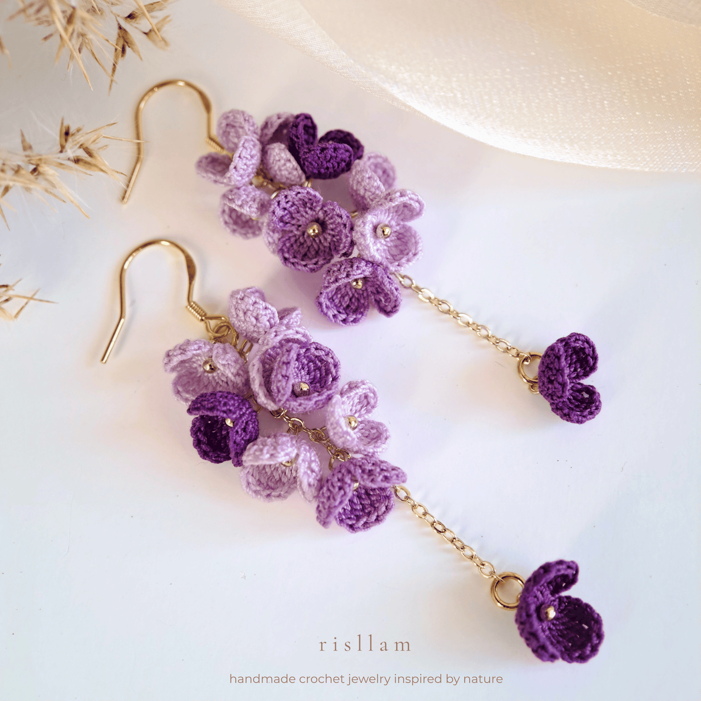 Micro Crochet Purple Blossom Dangle Earings