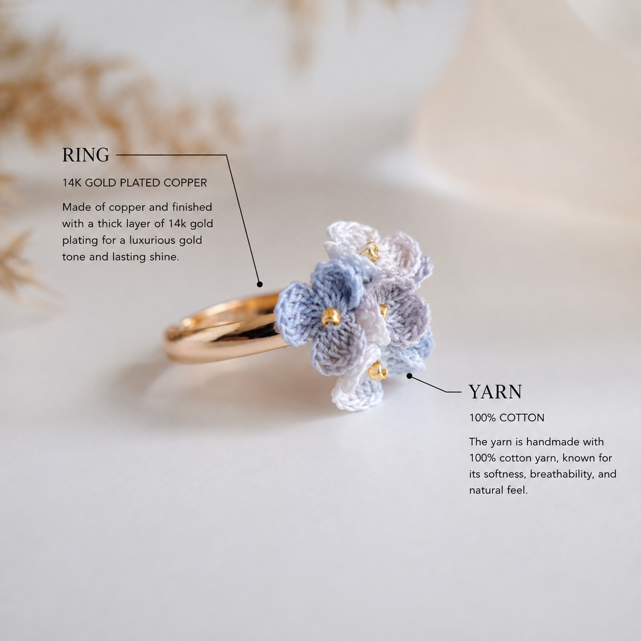 Handmade Micro Crochet Blue Blossom Ring