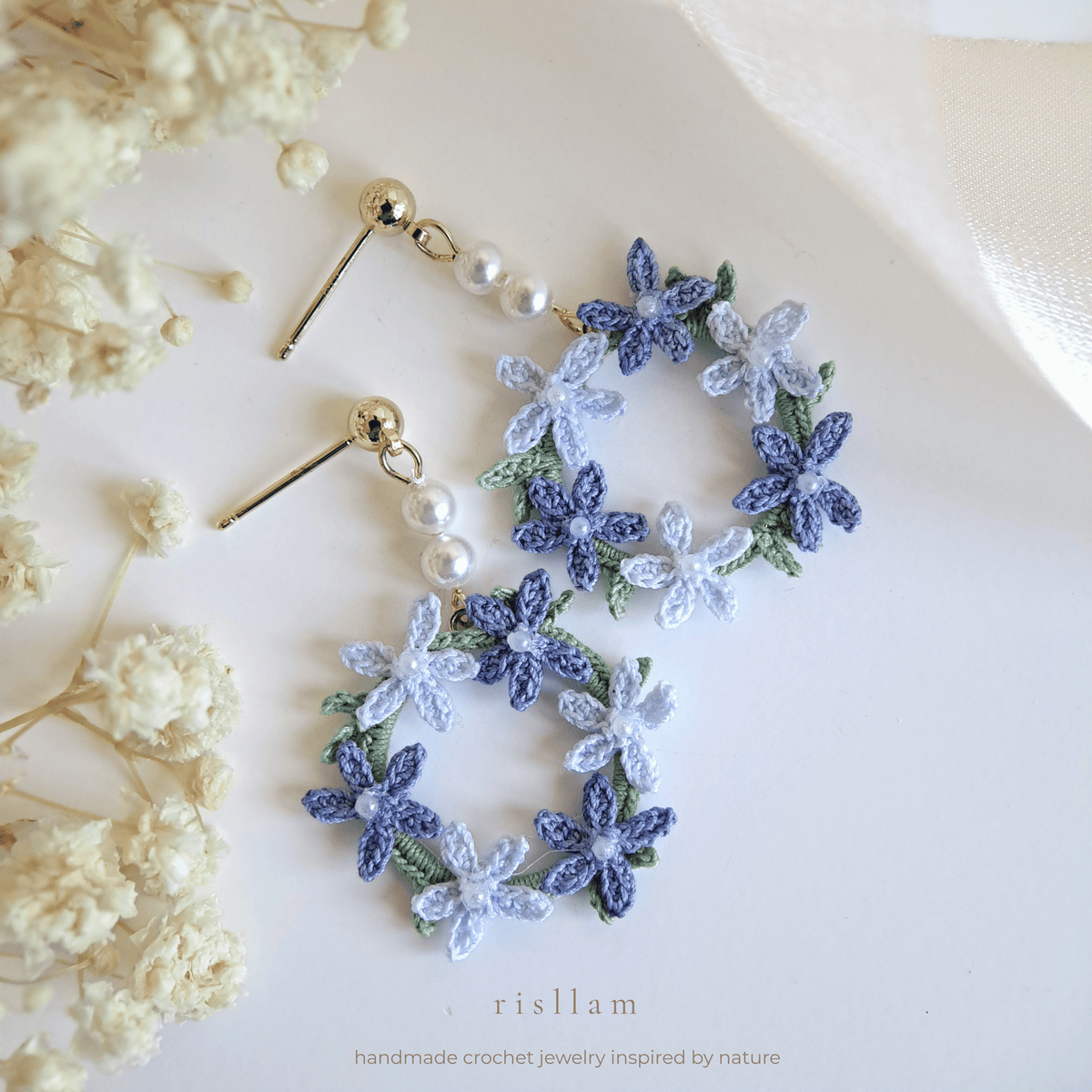 Micro Crochet Flower Wreath Earrings, Hand Dyed Purple Floral Hoop Earrings, 14k Gold Plated 925 Silver, Miniature Lace Jewelry Gift for Her