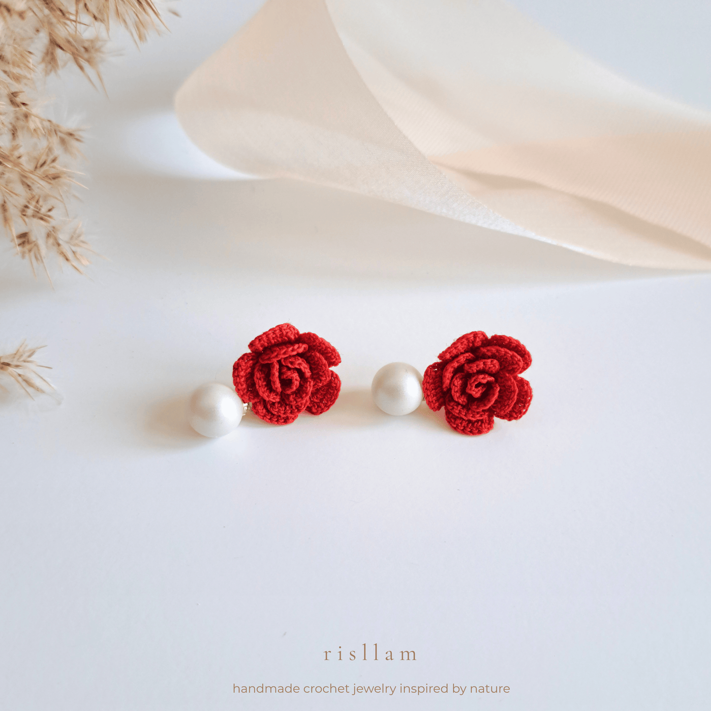 Handmade Crochet Rose & Pearl Earrings