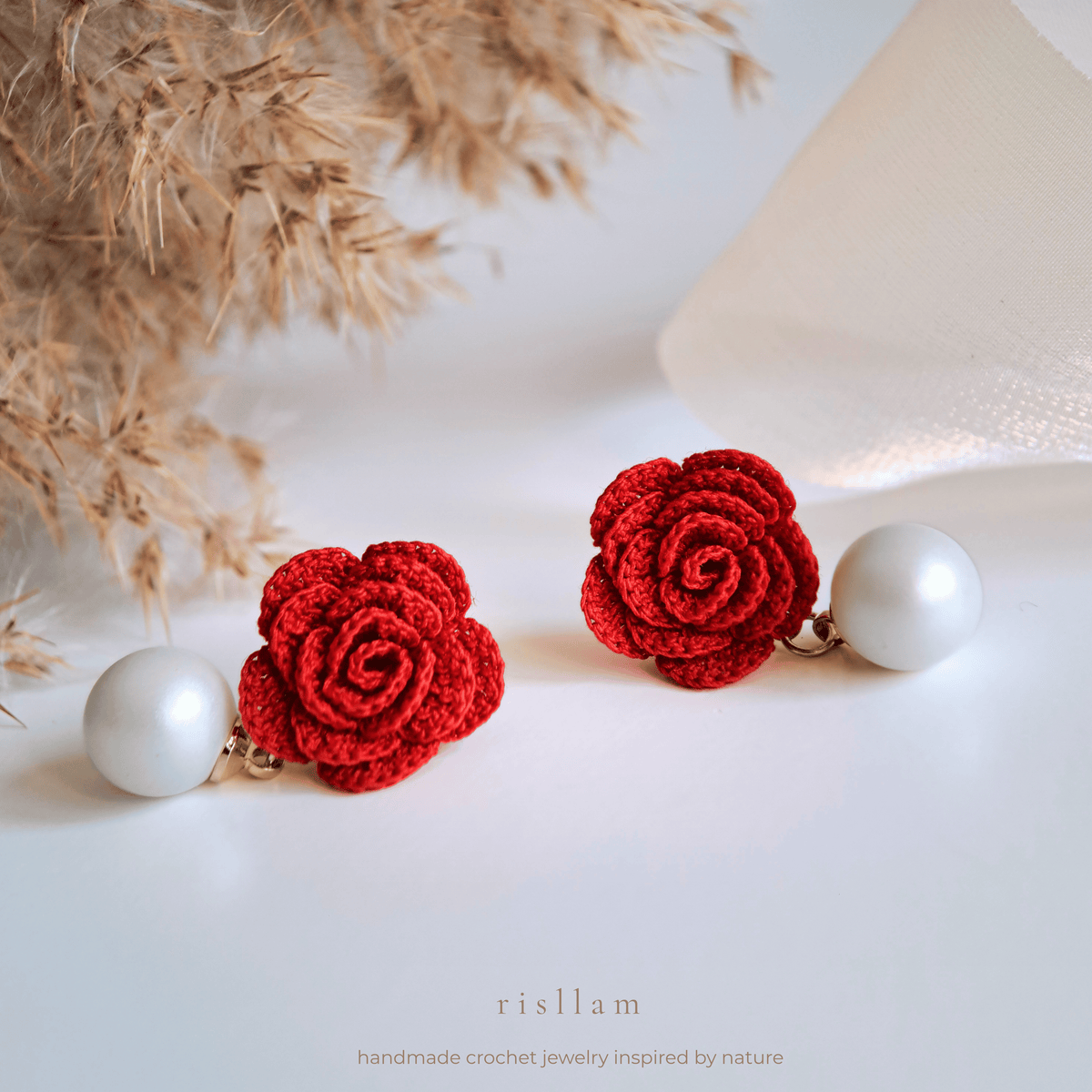 Red Crochet Rose Pearl Earrings, Handmade Floral Studs