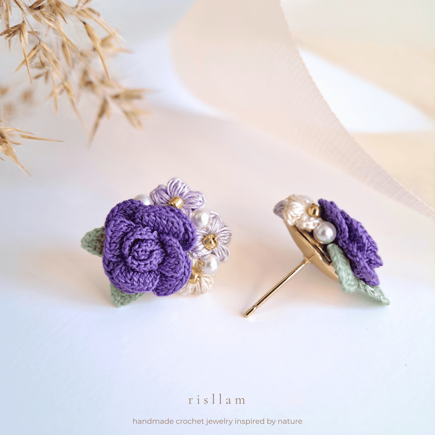 Handmade Crochet Rose & Puff Stud Earings