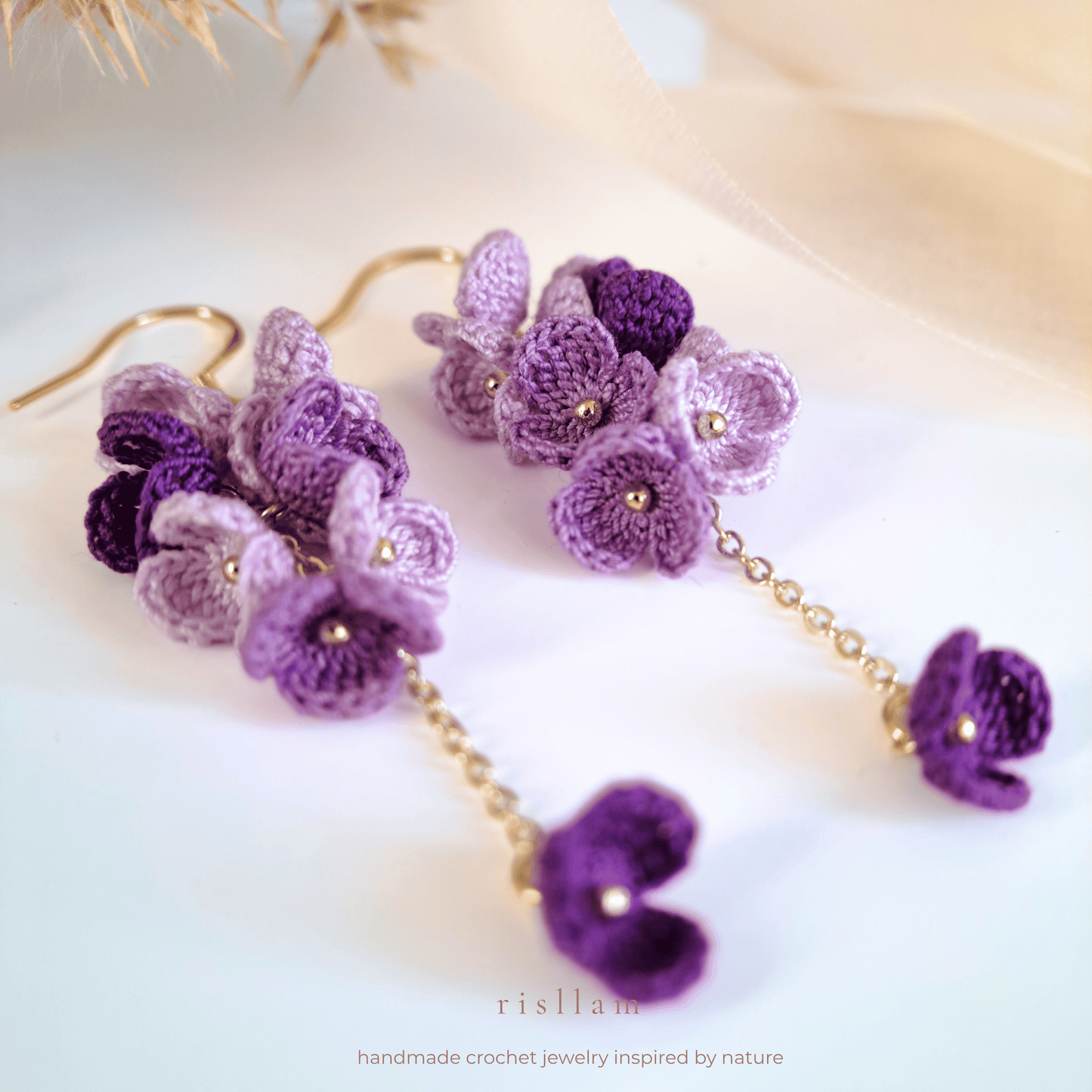 Micro Crochet Purple Blossom Dangle Earings