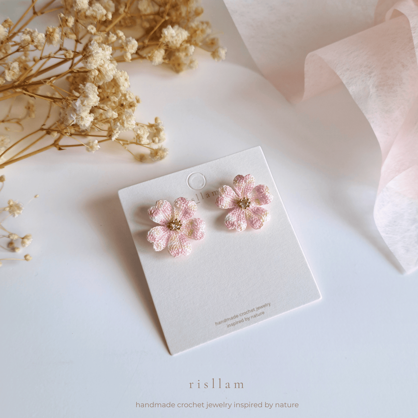 Handmade Crochet Cherry Blossom Stud Earrings