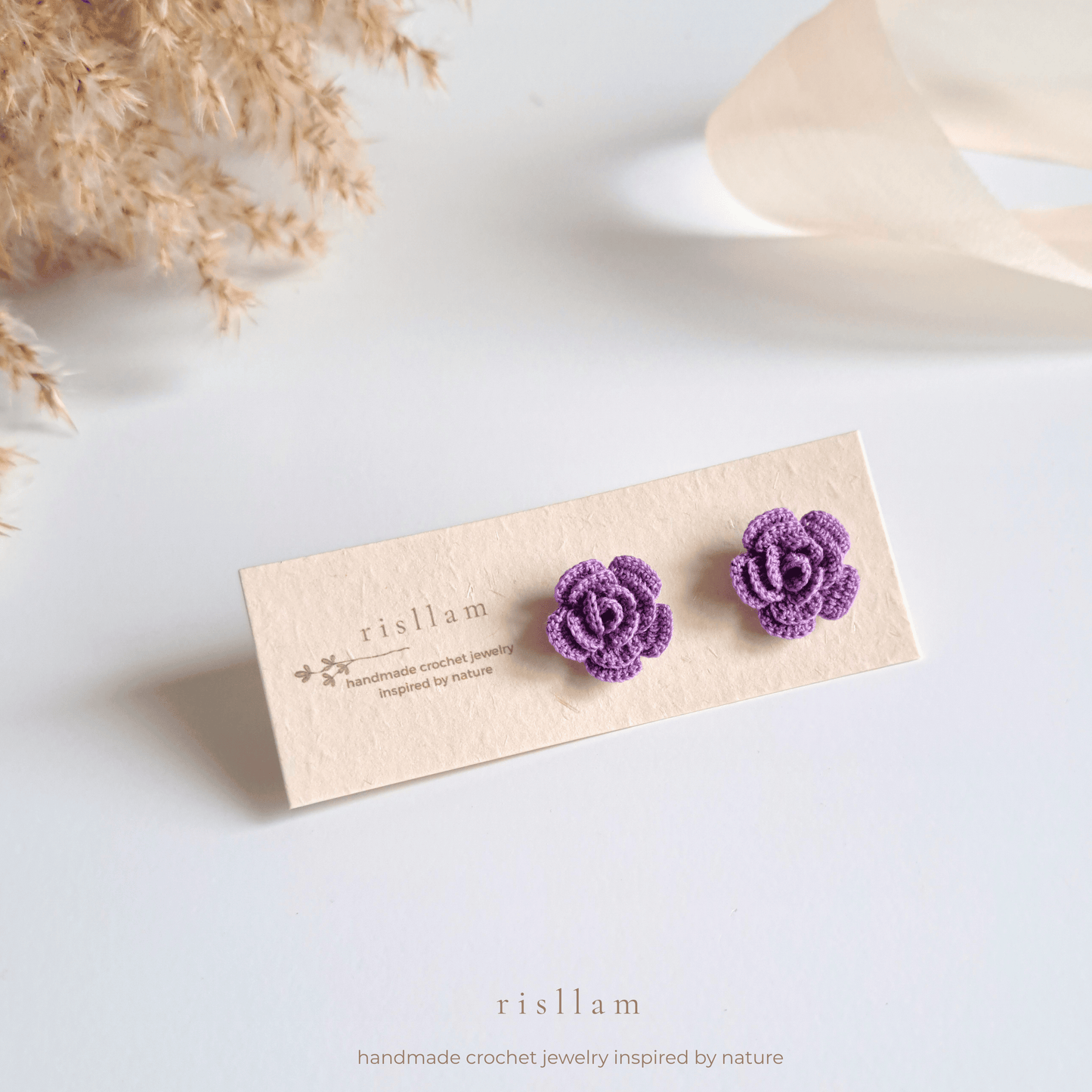 Handmade Crochet Rose Stud Earings -Red, Pink and Purple