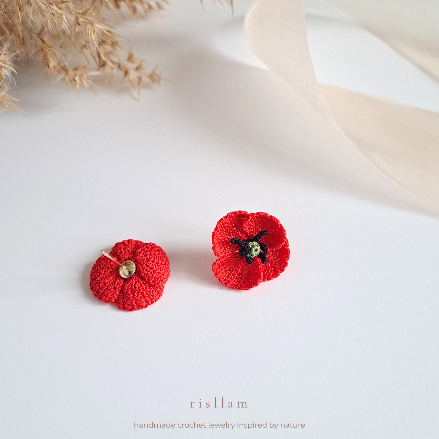 Handmade Crochet Poppy Stud Earrings
