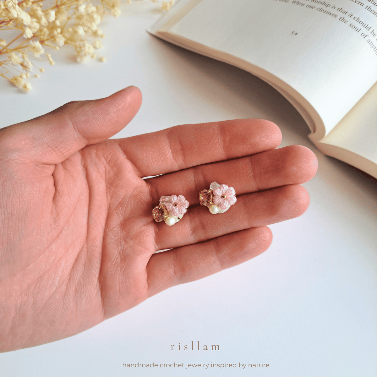 Pink Crochet Flower Stud Earrings, Handmade Floral Earrings
